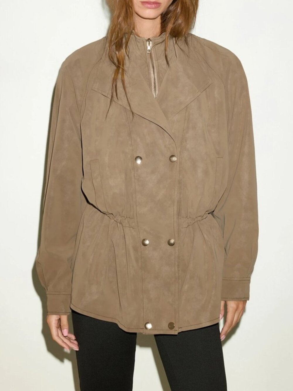 Tan Faux Leather Button Front Drawstring Waist Zip Neck Aviator Baseball Jacket